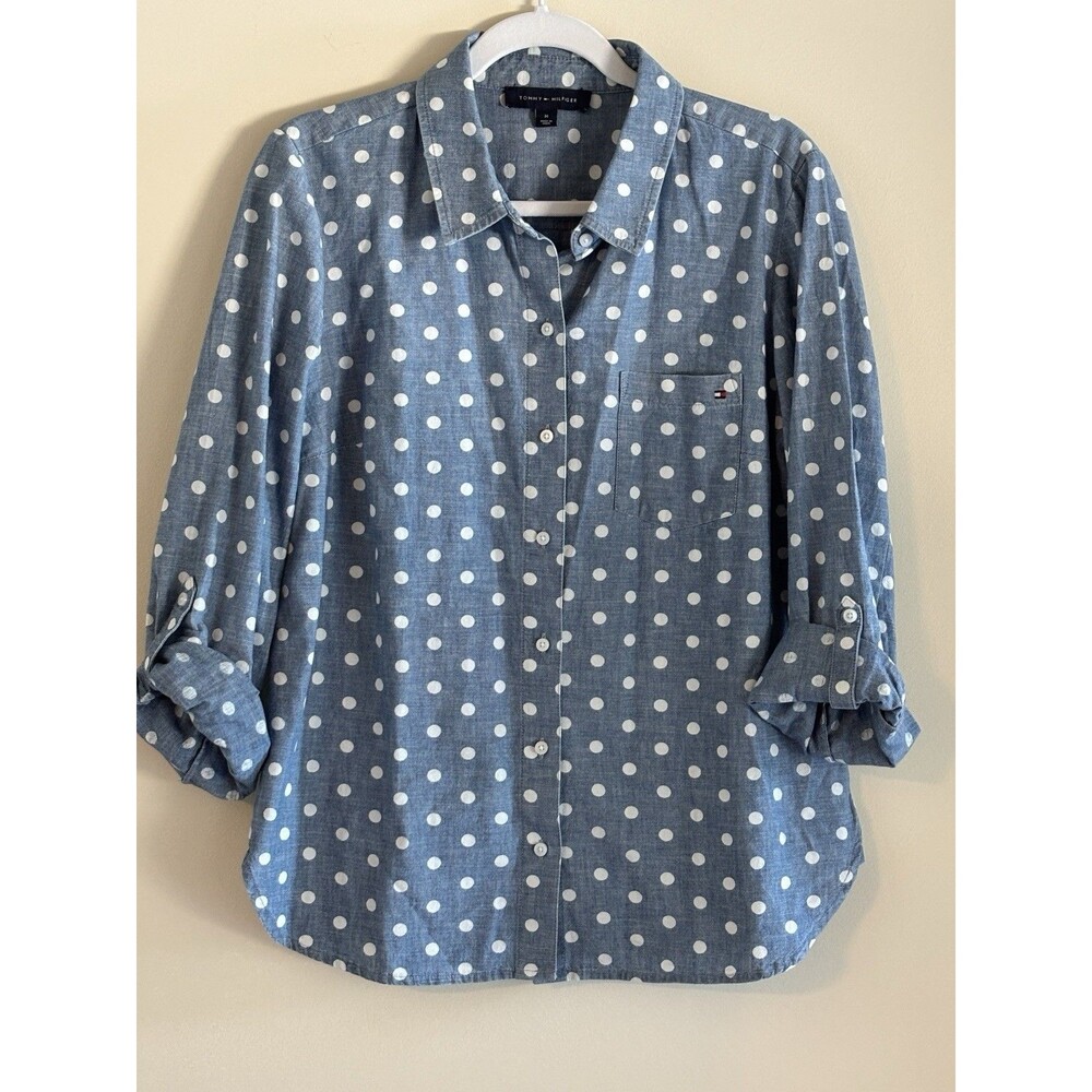 Tommy Hilfiger Shirt Womens Medium Chambray Polka Dot Roll-Tab Sleeve Cotton